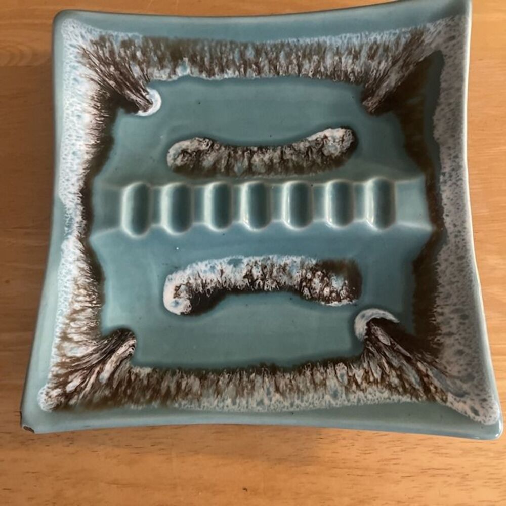 1950s Teal Blue Mid Century Large Square Ashtray - Made In The USA
